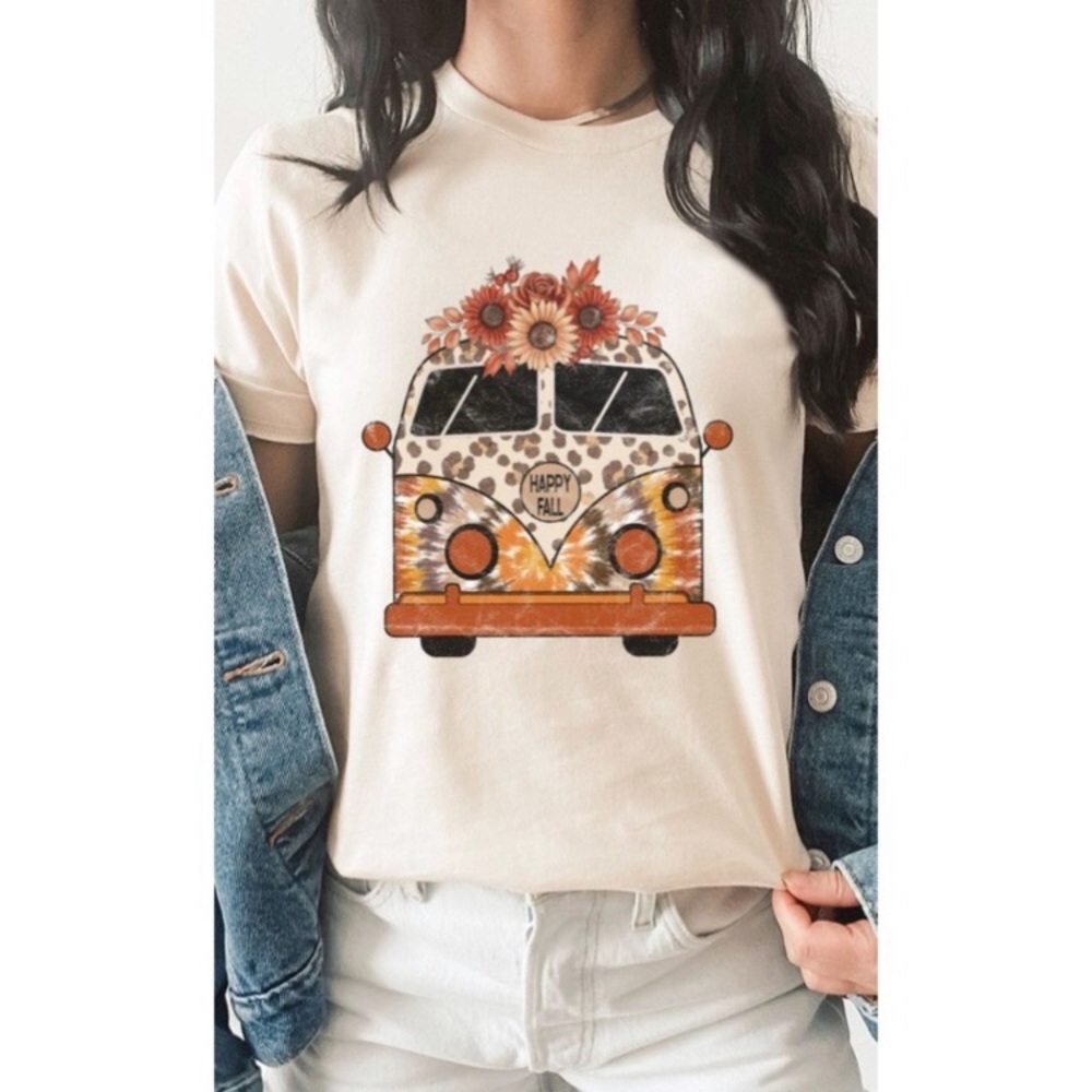 Fall Leopard floral VW Bus short sleeve T-shirt hippie boho brown beige NWT - Picture 9 of 10
